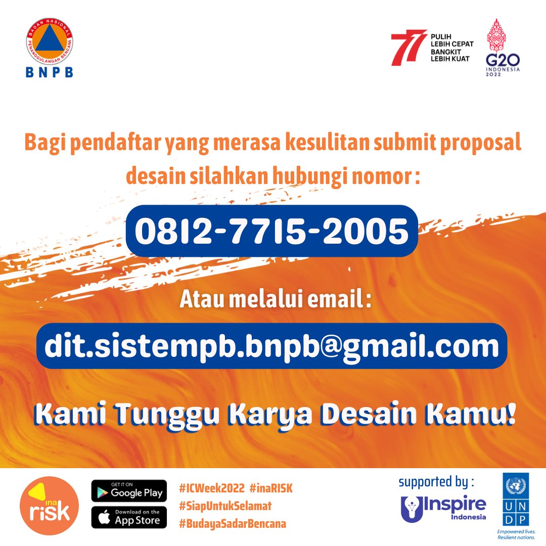 BNPB_Indonesia's tweet photo. Informasi dan pertanyaan dapat langsung menghubungi : 081277152005, direktorat.sistempb@bnpb.go.id atau media sosial @bnpb_indonesia @inarisk_bnpb
#inaRISKCreativeWeek2022
#ICWeek2022
#inaRISK
#siapuntukselamat
#budayasadarbencana
#kenaliancaman
#kurangirisikonya
#PRB https://t.co/Rh8dkrhYeg