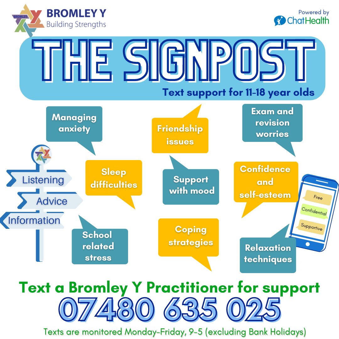 If you're one of the many young people in Bromley who finds returning to school stressful, text your local #Wellbeing Service using The Signpost for support and advice. It works just like a text thread you can come back to as needed.

#BackToSchool #Anxiety #ItsGoodToTalk