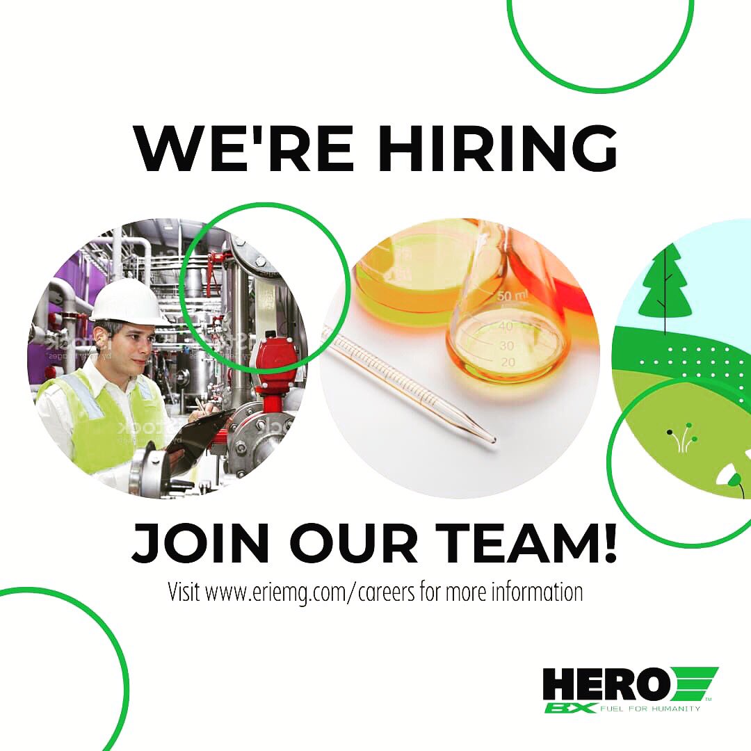JOIN OUR HERO BX TEAM! We are currently seeking candidates for the following positions in Erie, PA: 

• Laboratory Technician 
• Operations Technician
• Shipping &amp; Receiving Technician

LEARN MORE and APPLY at: eriemg.com/careers/

#HEROBX #biodiesel #Erie #PA