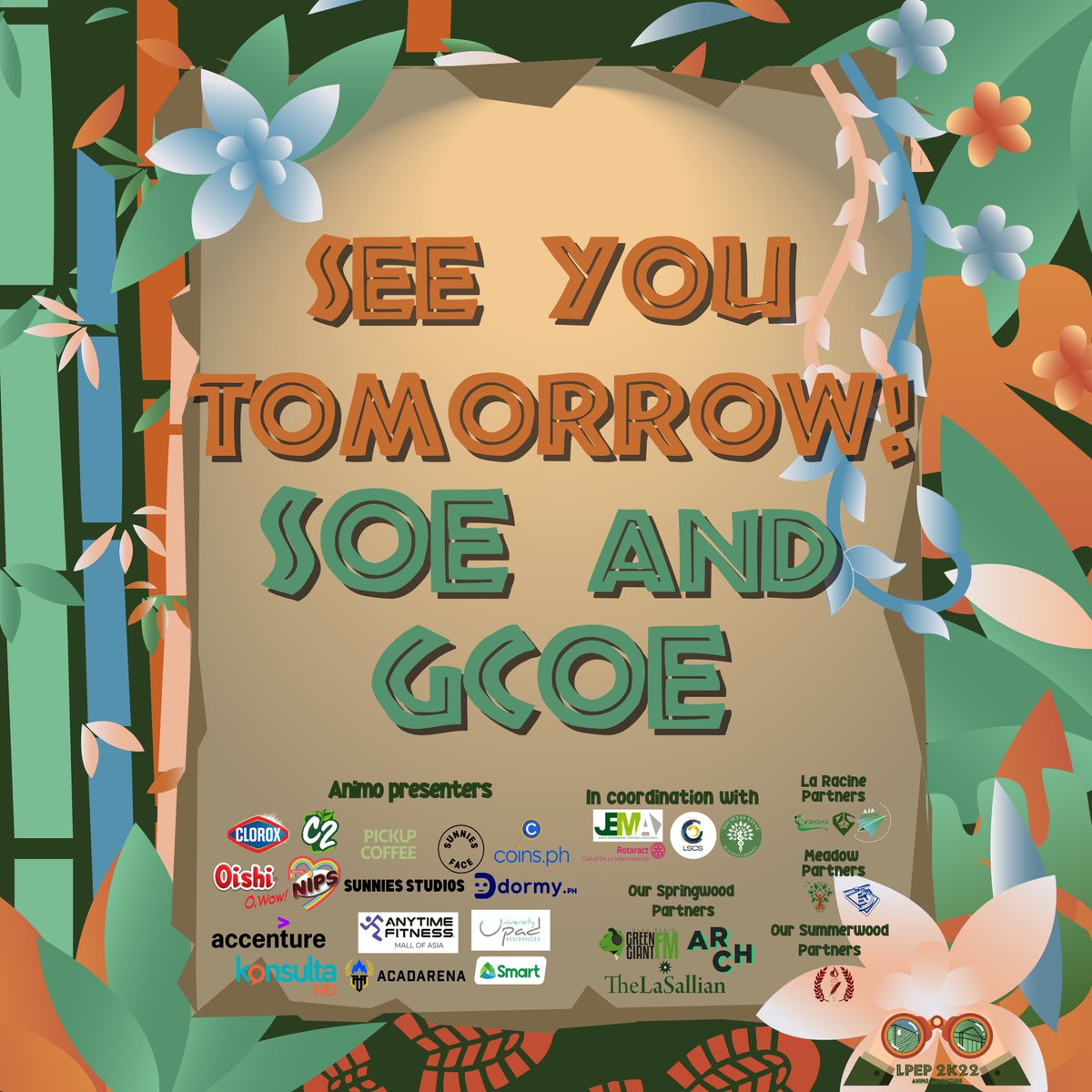 DLSU_LAMB's tweet photo. Gokongwei College of engineering and School of Economics, when I say "Animo", you say "La Salle"! 🏹

It's the last day of LPEP 2K22: Animo Adventure! Grab your gear because we're embarking to #SeekTheAnimo 

We can't wait to see you GCOE and SOE! 🌟 

#LPEP2K22 
#AnimoAdventure https://t.co/WhE45tnKfD