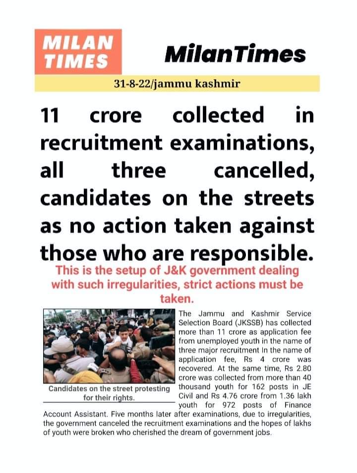 11 Crore Collected in all three Cancelled #JKPSI #JKFAA &amp; #JE recruitment Exams,No action has been taken yet on the responsible officer, culprits &amp; the examination agency. Please strict action against Culprits earlier. <a href="/diprjk/">Information & PR, J&K</a> <a href="/PIBHomeAffairs/">PIB - Ministry of Home Affairs</a> <a href="/manojsinha_/">Manoj Sinha</a> <a href="/narendramodi/">Narendra Modi</a> <a href="/AmitShah/">Amit Shah</a>