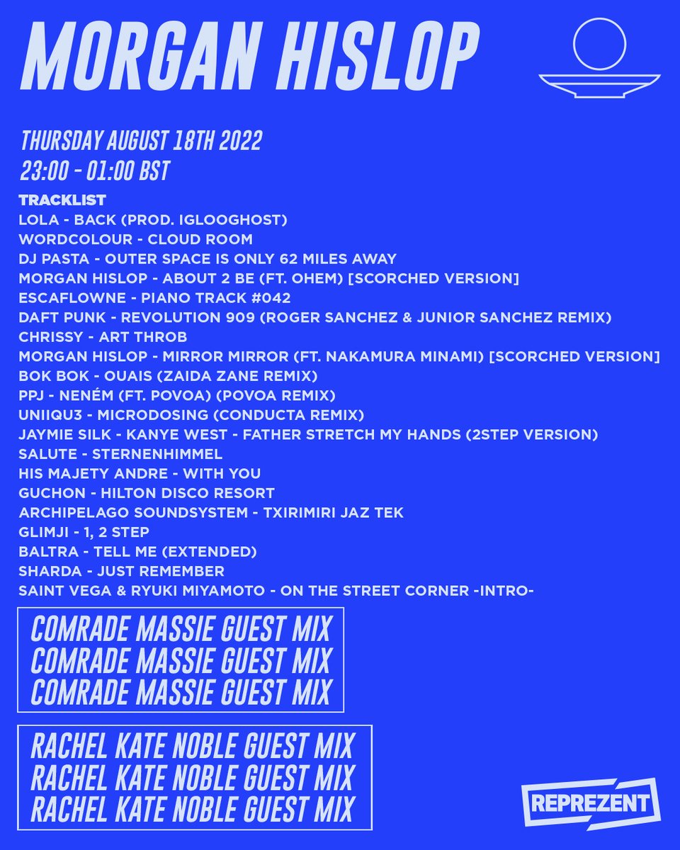 morgan_hislop's tweet photo. My last @ReprezentRadio was stacked with amazing guests - @ComradeMassie + @rachelkatenoble joined me in the studio for double guest mix power 🦾

Plus tracks from 
@saluteAUT 
@Escaflowne_III 
@chrissytrax 
@BaltraMusic 
@UNIIQU3 
@bok_bok 
+ moree 💥

https://t.co/o5Bqoh4Pp5 https://t.co/tSX50Zg0N1