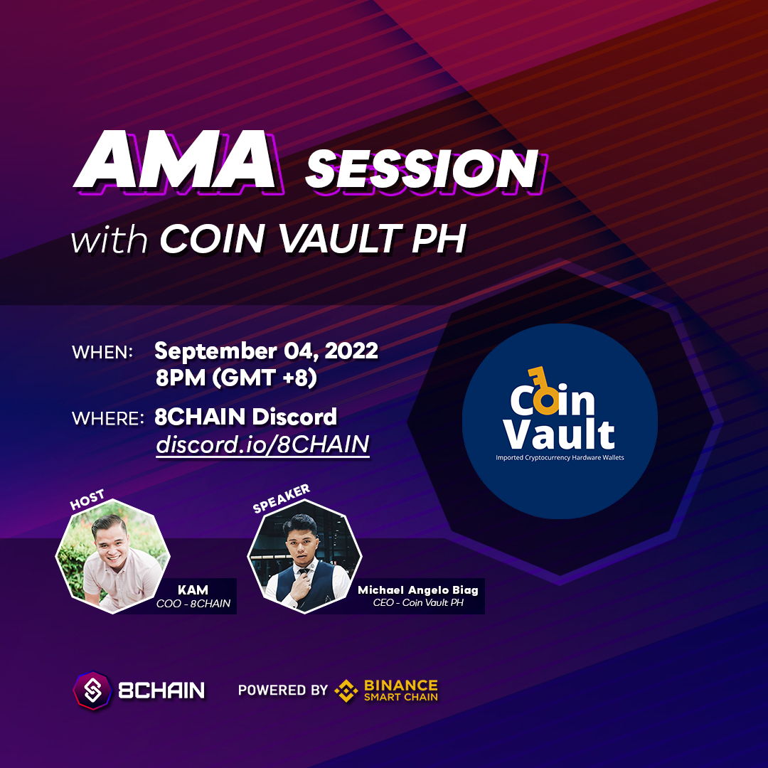 8CHAINMetaverse's tweet photo. Let's VAULT in with Coin Vault PH 🔐

Listen as we discuss the importance of digital assets security &amp; identity in Web 3 with CVPH's CEO, @Themichlangelo🤝

Learn more about their new products this coming Sept 4 (8PM GMT+8) live at https://t.co/hKUENkOlhv 🤩

#CryptoSecurity https://t.co/BkYQkhthwF