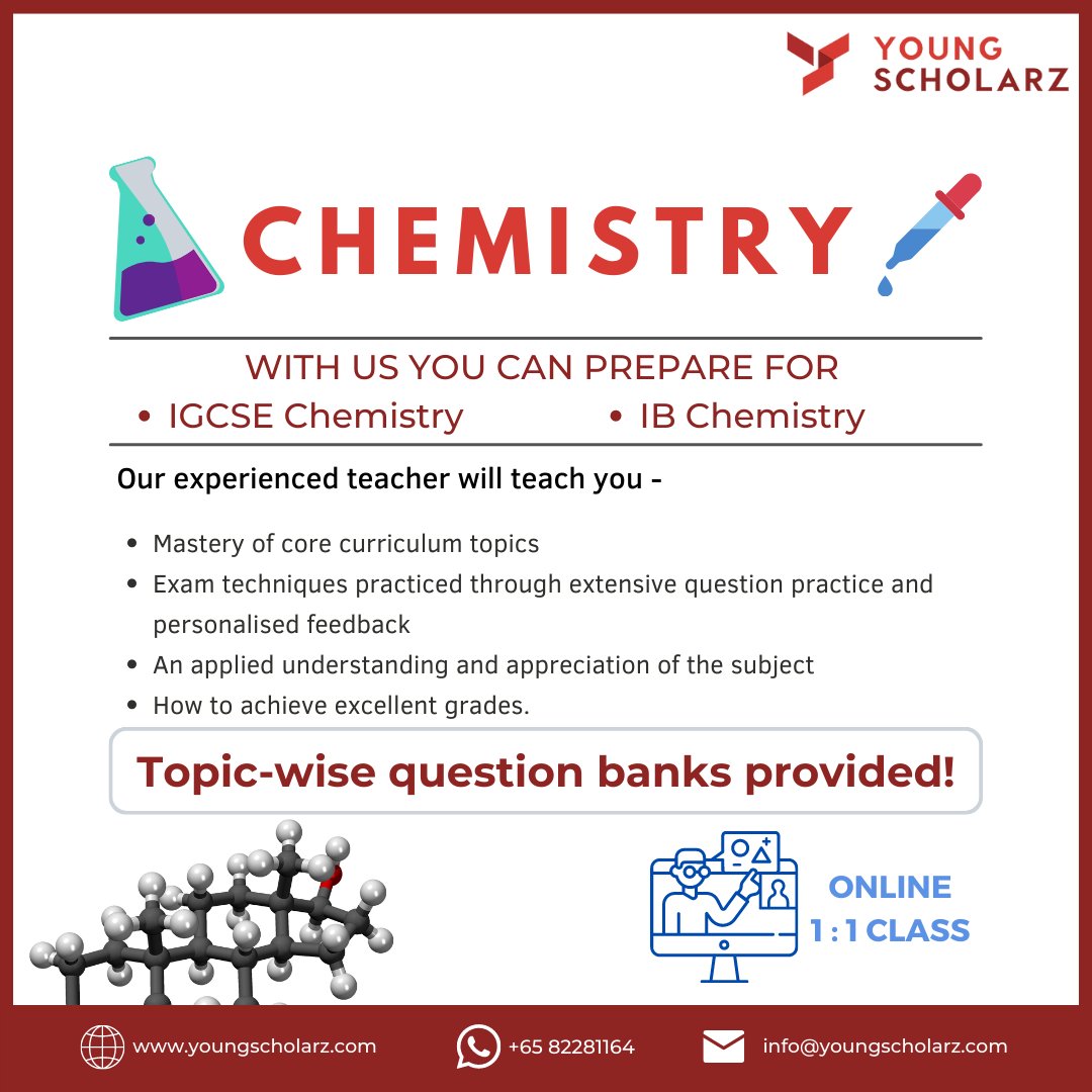 Prepare for #IGCSE & #IB #Chemistry examination with us!
Fresh batches starting August 2022. ENROLL NOW!
WhatsApp us at +65 82281164
Visit youngscholarz.com
#YoungScholarz #IBChemistry #IGCSEChemistry #ChemistryLessons #UnderstandChemistry #tution #tutoring #IGCSEtutoring