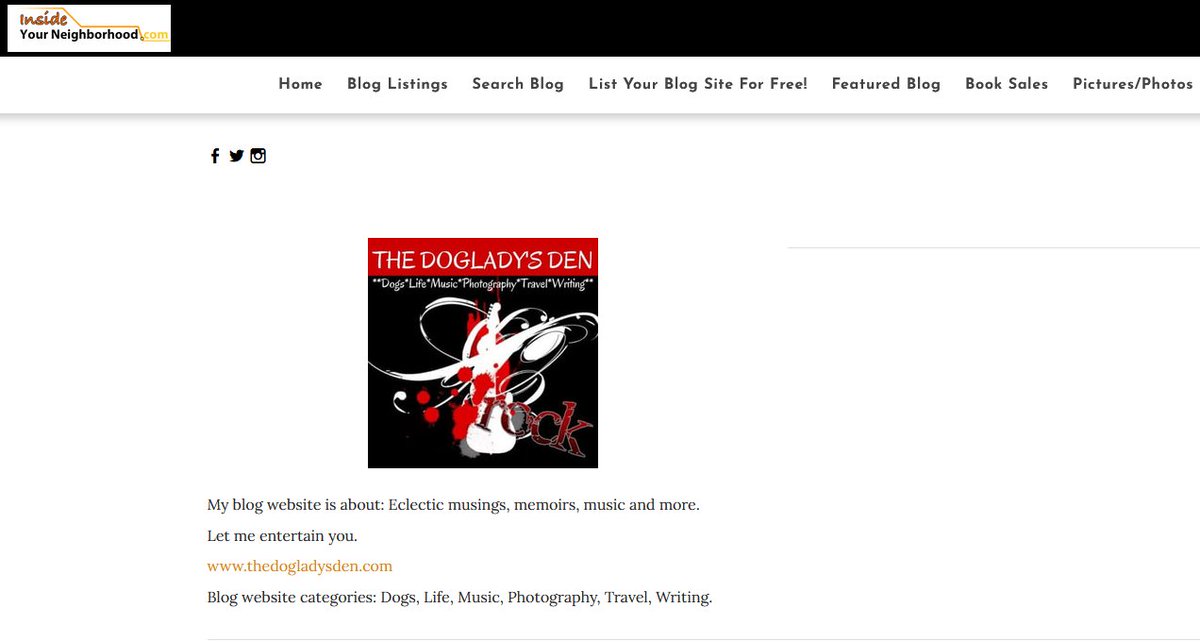 PostMyBlog_Com's tweet image. My #blog  website is about: Eclectic musings, memoirs, music and more.
Let me entertain you.
thedogladysden.com
Blog website categories: #dogs , #life , #music , #Photography, #Travel , #writing .