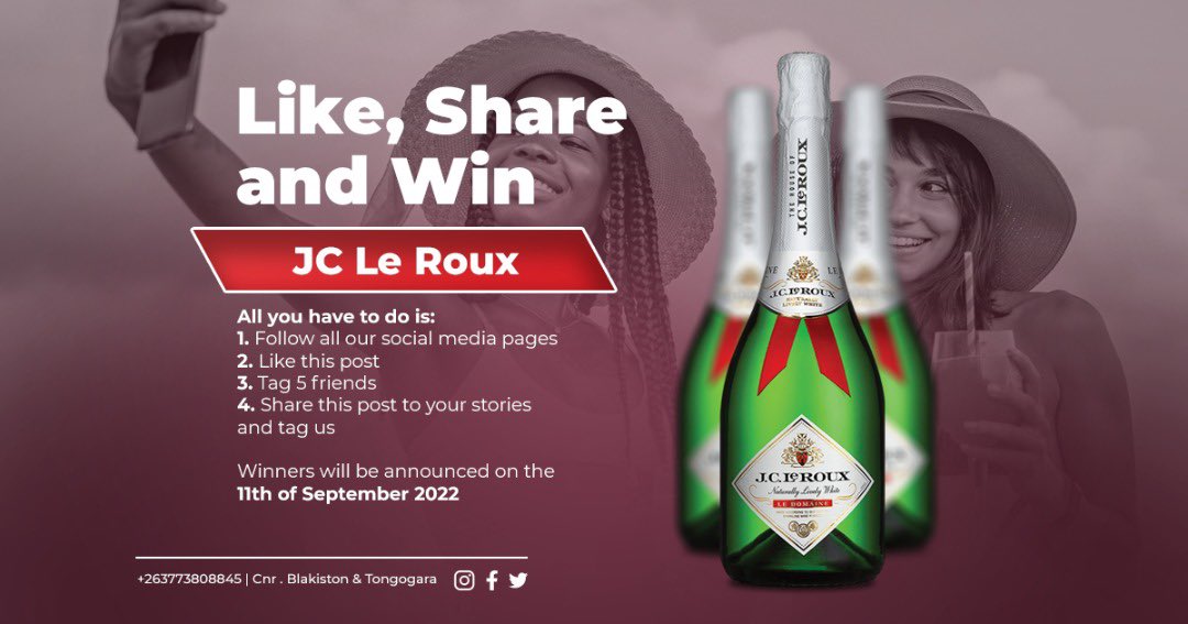 TapandBottle_zw's tweet photo. GIVEAWAY ALERT! 

Stand a chance to win a bottle of JC Le Roux for all the little and big celebrations! 

Rules to participate 

1. Follow us on Instagram, Facebook and Twitter 
2. Like this post 
3. Tag 5 friends
4. Share this post to your stories and tag us https://t.co/FhXvkZSOkf