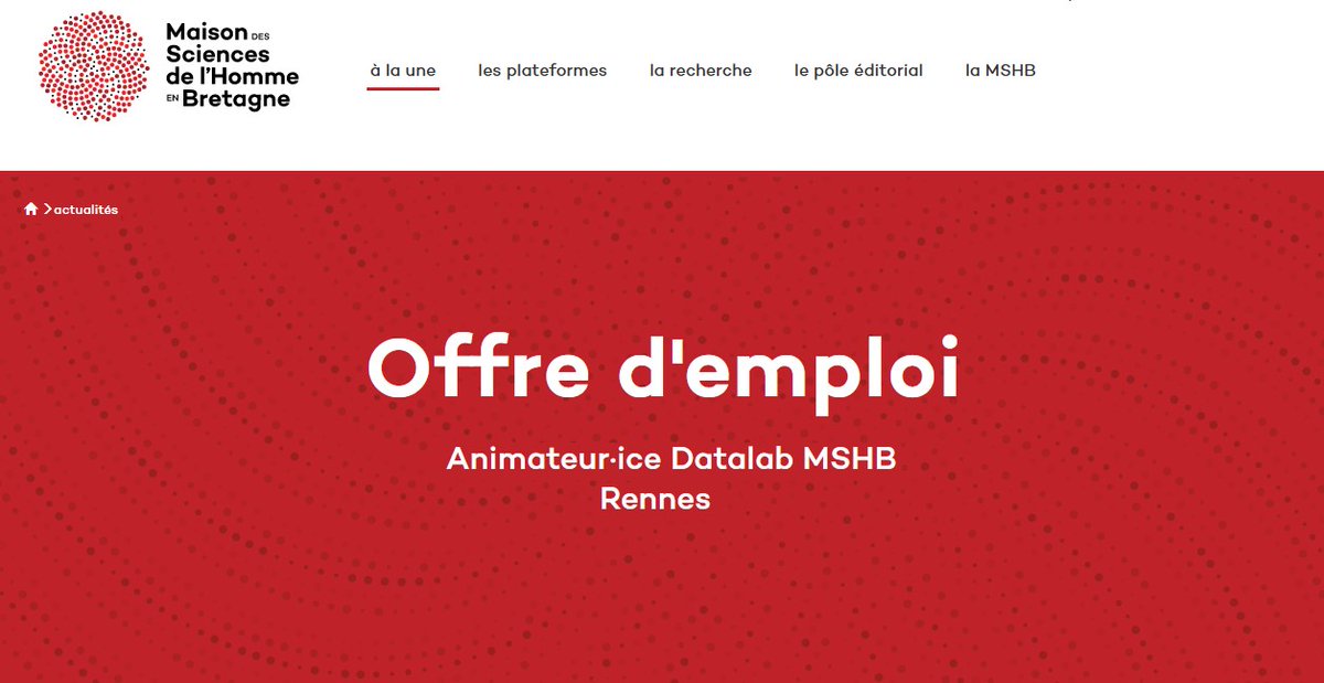 MshBretagne's tweet photo. 📢[job] Animateur·ice pour le Datalab de Rennes #ScienceOuverte #openscience @Huma_Num 

👉Plus que quelques jours pour candidater
Toutes les infos ⤵
https://t.co/NzHaCb364P

cc @INSHS_CNRS @UBO_UnivBrest @UnivRennes_2  @UnivRennes1 @UBS_universite @CNRS_dr17 @EHESP https://t.co/lCJEs42CAp