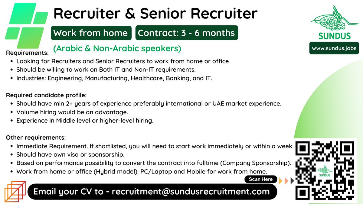 We are #hiring Recruiter & Senior Recruiter in #uae. Join us now.

Email your resume to: recruitement@sundusrecruitment.com 

Visit - sundus.jobs 

#sundus #recruiterjobs #seniorrecruiter #arabicspeaker #workfromhome #uaejobs #contractjobs #hybridwork #itrecruiters