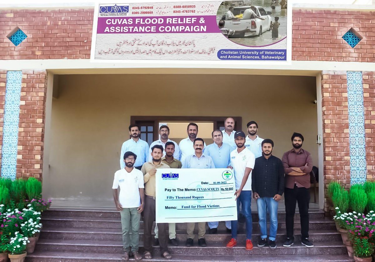CUVASScouts's tweet photo. CUVAS SCOUTS Bahawalpur gave 50k rupees and some other things for flood victims to the vice chancellor of Cholistan University of veterinary and Animal science Bhawalpur.
#cuvas #scout https://t.co/Cx8JiU6KJR