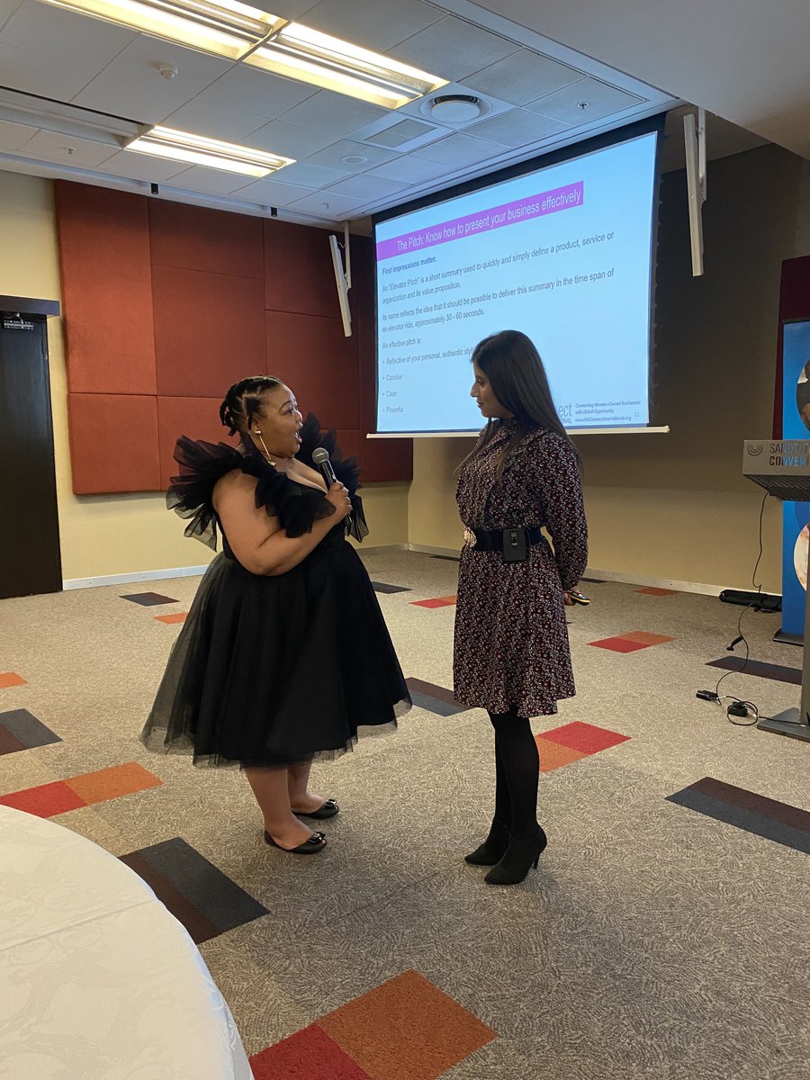 WEConnect_SA's tweet photo. Henrietta Dibakwane from HMD Staffing and Nyasha Muvirimi from Finenergi Advisory Services do their “Elevator Pitch” with @ProcterGamble‘s Natalee Sukhnandan. #WEConnectEffect https://t.co/01NPaWlBKv
