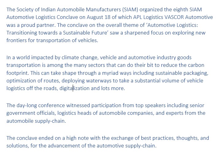 apllvascor's tweet photo. SIAM organized the eighth SIAM Automotive Logistics Conclave on August 18 of which APL Logistics VASCOR Automotive was a proud partner. The conclave on the overall theme of ‘Automotive Logistics: Transitioning towards a Sustainable Future’ saw a sharpened focus on exploring new.. https://t.co/LCMhrCXRnH