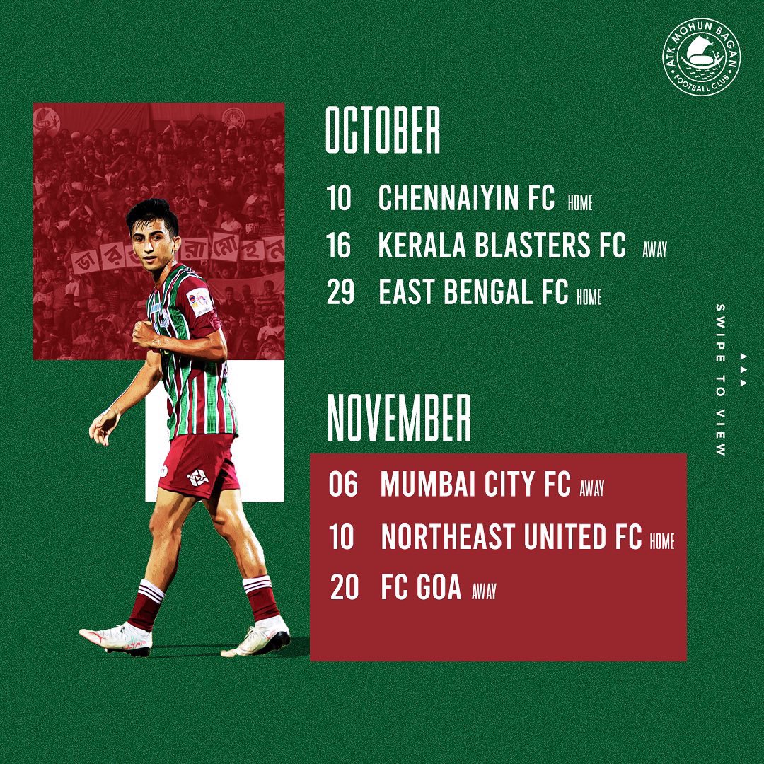 mohunbagansg's tweet photo. THE DATES ARE OUT!

We begin our Hero ISL campaign on 10th October ✅ (2/2)

#ATKMohunBagan #JoyMohunBagan #AmraSobujMaroon https://t.co/H8QDUCfP57