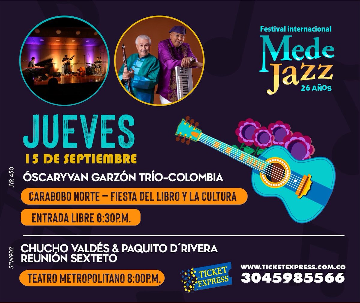 Medellin! nos vemos el proximo jueves 15 de sept en el marco del festival <a href="/MedeJazz/">Medearte - Medejazz</a> con mi trio y lo mejor de nuestro repertorio y los nuevos lanzamientos #resiliencia #jazzambuco #oinegra y mas sorpresas musicales. Carabobo norte fiesta del libro y la cultura 6pm entrada libre.