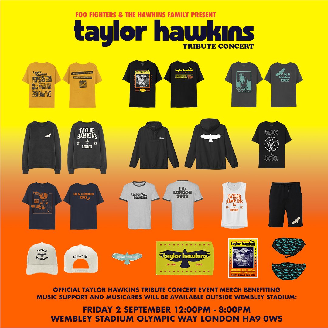 Reanimar Reproducir pereza Foo Fighters on Twitter: "Official #TaylorHawkins Tribute Concert merch  benefiting @Musicsupport_uk and @MusiCares will be available tomorrow, Fri.  2 Sept outside Wembley Stadium. 12:00pm to 8:00pm Wembley Stadium Olympic  Way London HA9