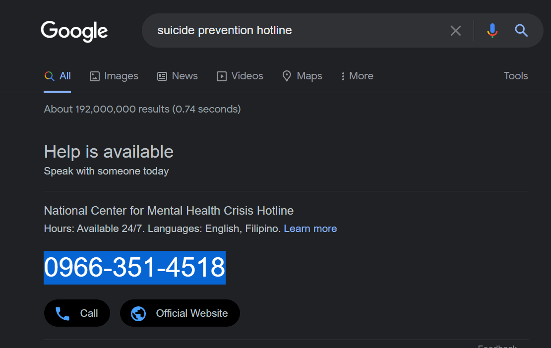 ChristaPaulaMic's tweet photo. @ncmhhotline ok so this is annoying. i have my reasons for calling the hotline and thought the most convenient way would be typing in suicide hotline - saw google and given the number 0966-351-4518 - not working https://t.co/7czreyLV6q