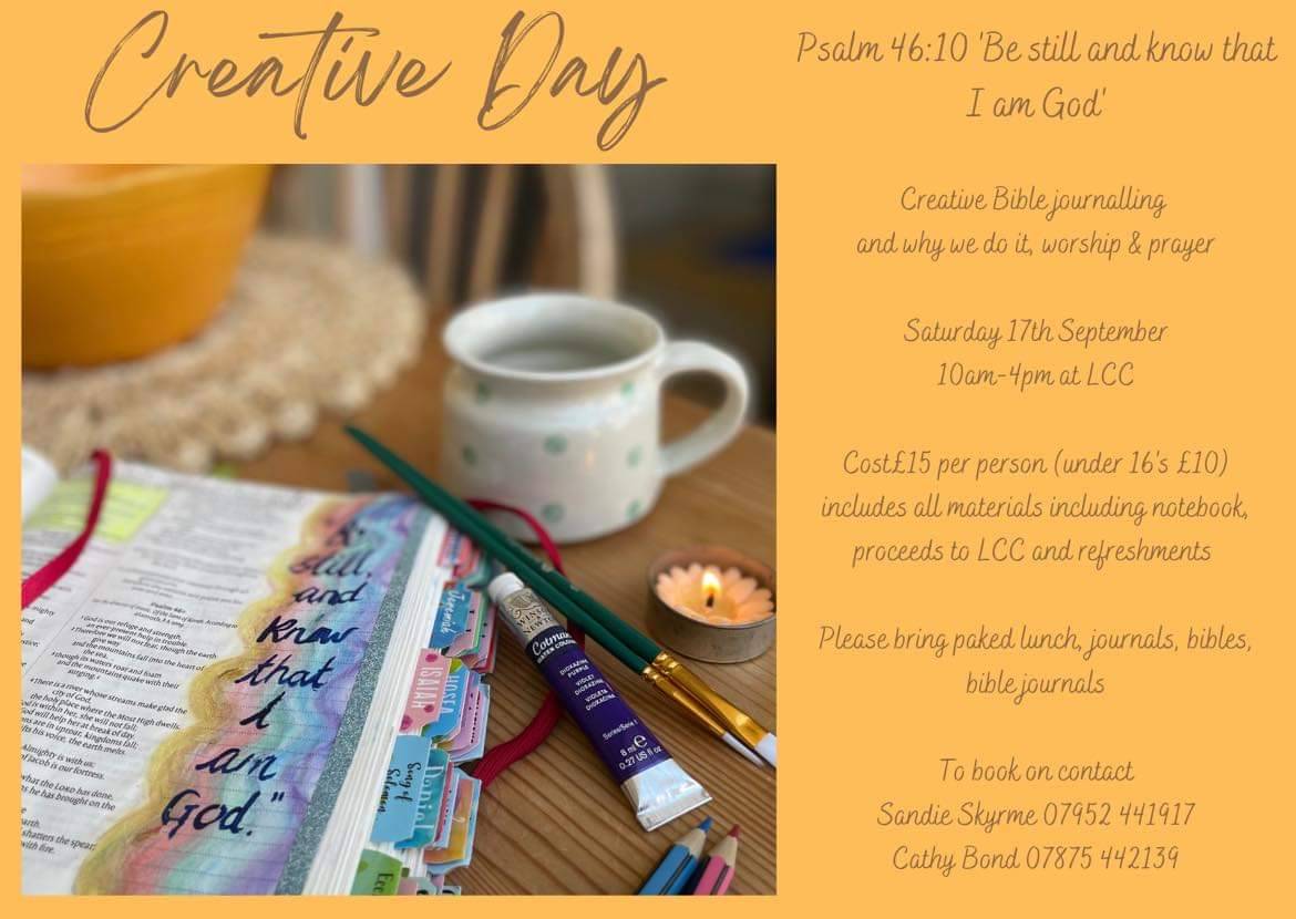 The next LCC creative day is on Saturday 17th September 10am-4pm. Journalling (and why we do it), worship and prayer. Tickets available at locking-castle-church.sumup.link/product/creati…