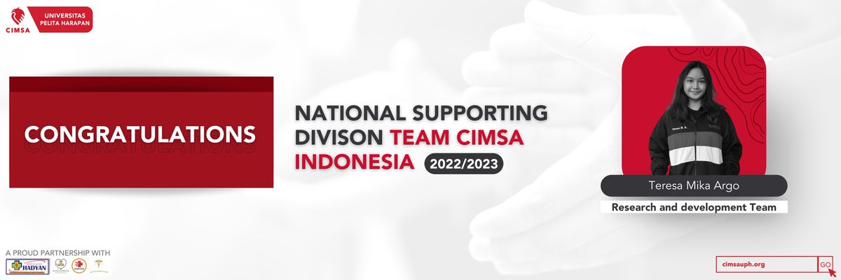 cimsa_uph's tweet photo. [CONGRATULATIONS NATIONAL SUPPORTING DIVISION TEAM CIMSA INDONESIA 2022/2023]

We would like to congratulate our member, Teresa Mika Argo, on being a part of the national Research and Development Team.

CIMSA
Empowering Medical Students 
Improving Nation’s Health https://t.co/1bYuMzNlY5