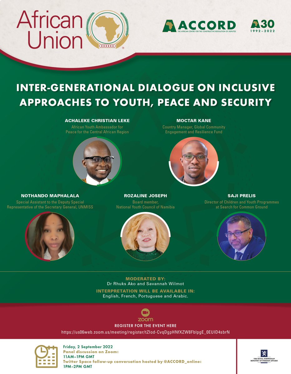 REMINDER | We are co-hosting  an Inter-generational dialogue on inclusive approaches to #YPS with <a href="/AUC_PAPS/">African Union Political Affairs Peace and Security</a>.

WHEN: 🗓️Friday 02 September, ⏰ 11h00 GMT.

If you haven't register yet, register here⤵️
us06web.zoom.us/meeting/regist…