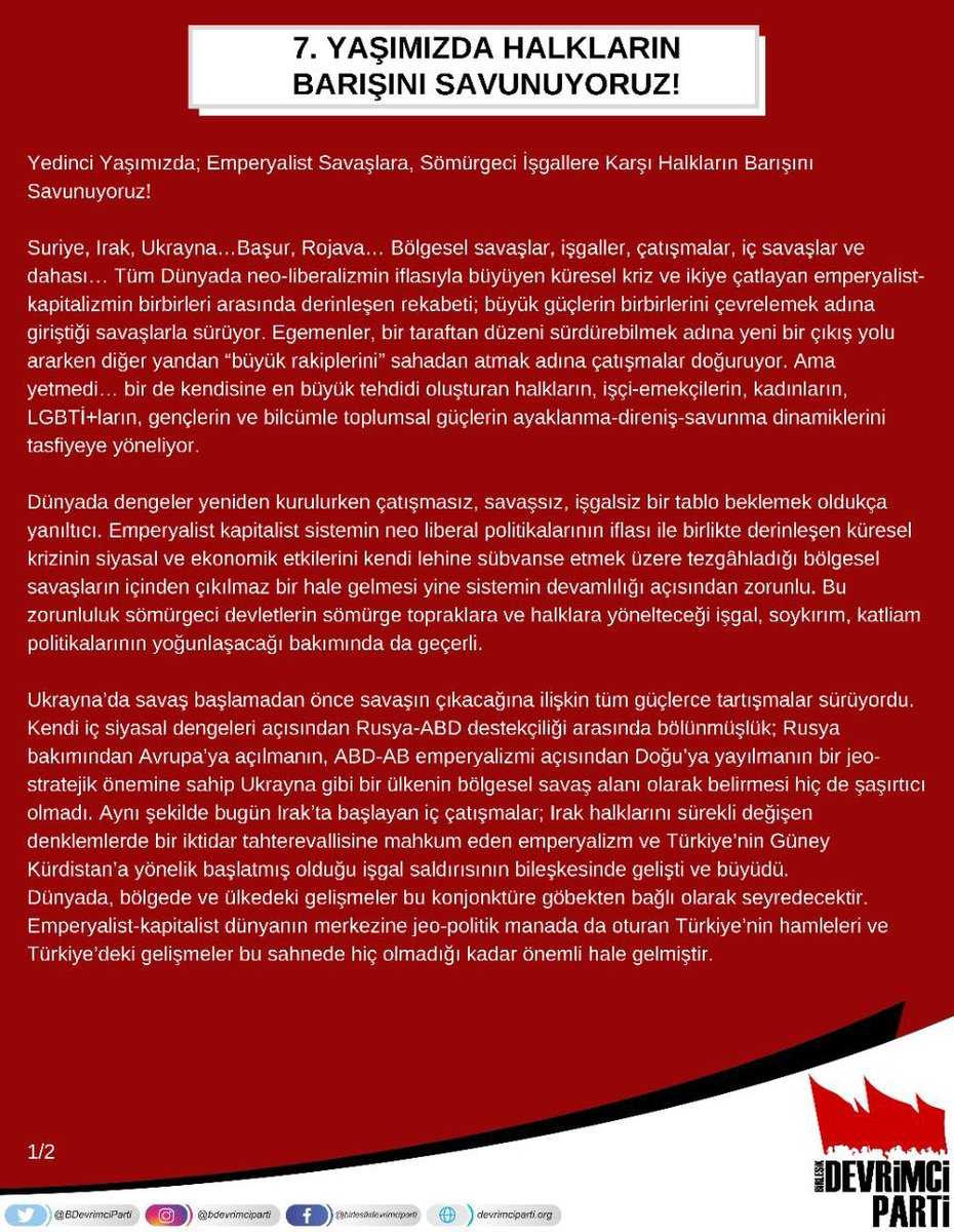 BDevrimciParti's tweet photo. 7. Yılımıza ve 1 Eylül Dünya Barış Günü'ne dair MYK'mızın açıklaması; "...Kuruluş yıl dönümümüzü ve Dünya Barış Günü’nü halkların istediği gerçek barışı kazanmak için daha fazla mücadele edeceğimizin sözüyle kutluyoruz.
Yaşasın Proletarya Enternasyonalizmi !”
#1Eylül https://t.co/A45GZlRETN