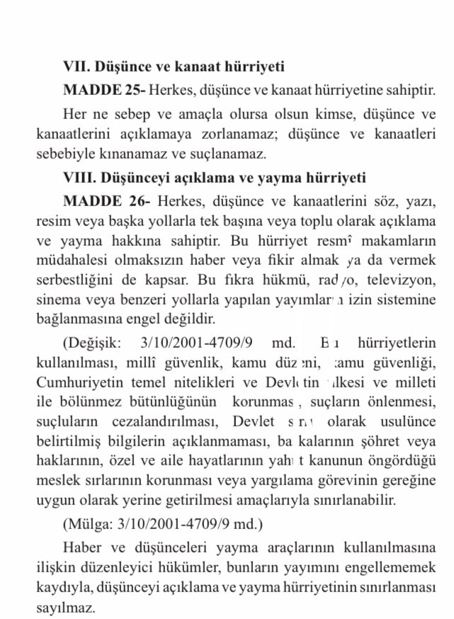 02EnesOzyigit's tweet photo. Madde 25- … Her ne sebep ve amaçla olursa olsun kimse, düşünce ve kanaatlerini açıklamaya zorlanamaz; düşünce ve kanaatleri sebebiyle kınanamaz ve suçlanamaz. https://t.co/04K1wgAchF