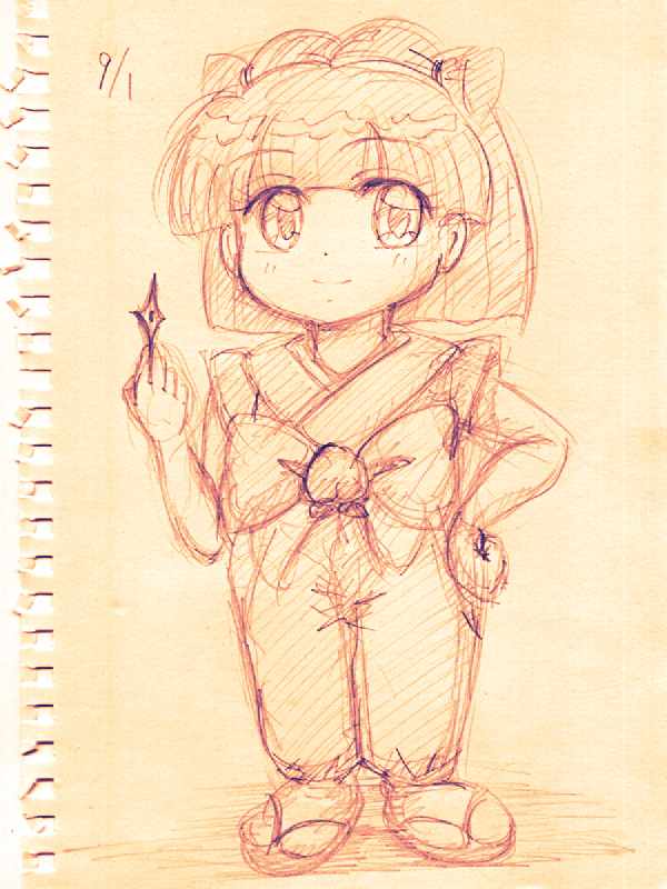今日から9月。くのいちの日ということで、
お鈴ちゃんをラク描き～。#赤ずきんチャチャ 