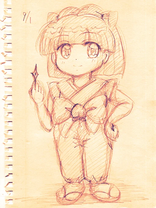 今日から9月。くのいちの日ということで、
お鈴ちゃんをラク描き～。#赤ずきんチャチャ 