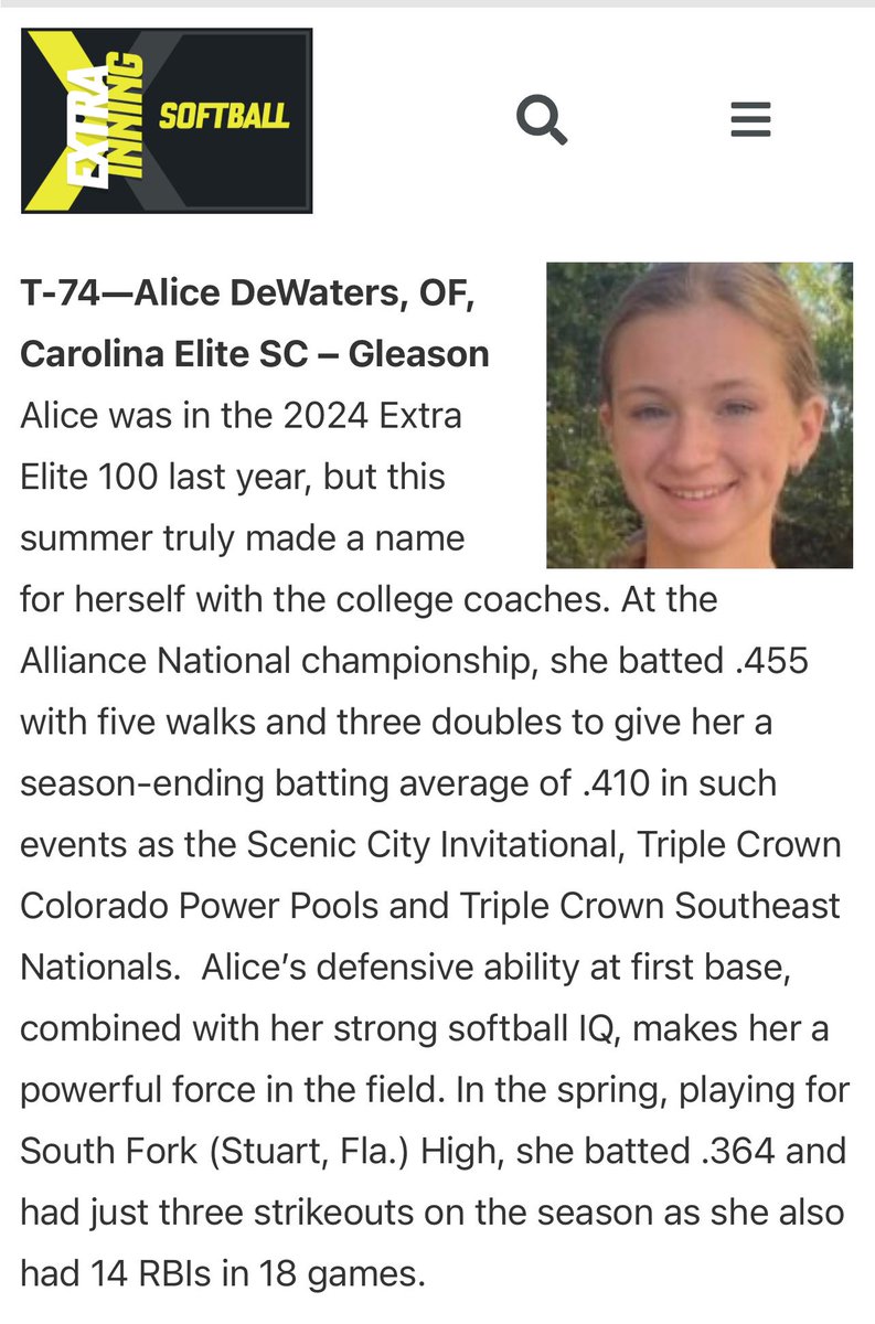 Thank you so much <a href="/ExtraInningSB/">EXTRA INNING SOFTBALL</a> for this recognition! It’s an honor to be ranked among so many awesome players in this country. Special thanks to my teammates and coaches who really pushed me this summer. <a href="/ScGenovese/">Carolina Elite SC National-Genovese</a> <a href="/sc_gleason/">Carolina Elite SC Gleason</a> <a href="/Los_Stuff/">Carlos Arias</a> <a href="/BrenttEads/">Brentt Eads</a>