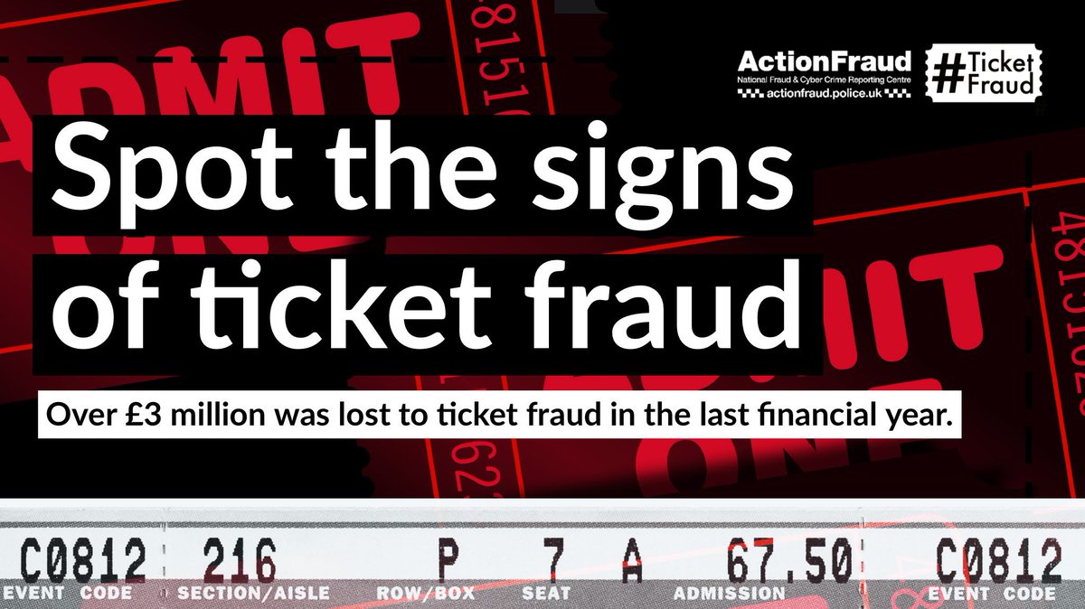 Over £3 million has been lost to ticket fraud in the past year🎫

Don’t be fooled by criminals and know how to spot the signs of #TicketFraud▶️ actionfraud.police.uk/ticketfraud