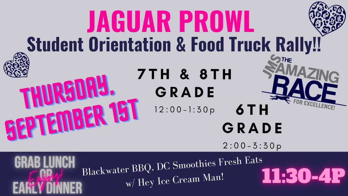 JolliffMiddle's tweet photo. Today we PROWL! Students can PROWL solo or with 1 guardian! Enter at auditorium doors, PROWL through the most AMAZING school & exit at the bus ramp! Food trucks & PTA on site…school supplies while they last! We are ready & know you are too! #letsgoJAGS #readytoJAM #engageCPS https://t.co/YFYPrc1cur