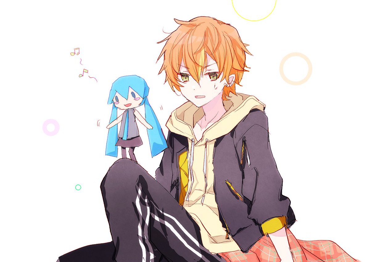 hatsune miku hood hoodie 1boy orange hair pants yellow hoodie jacket  illustration images