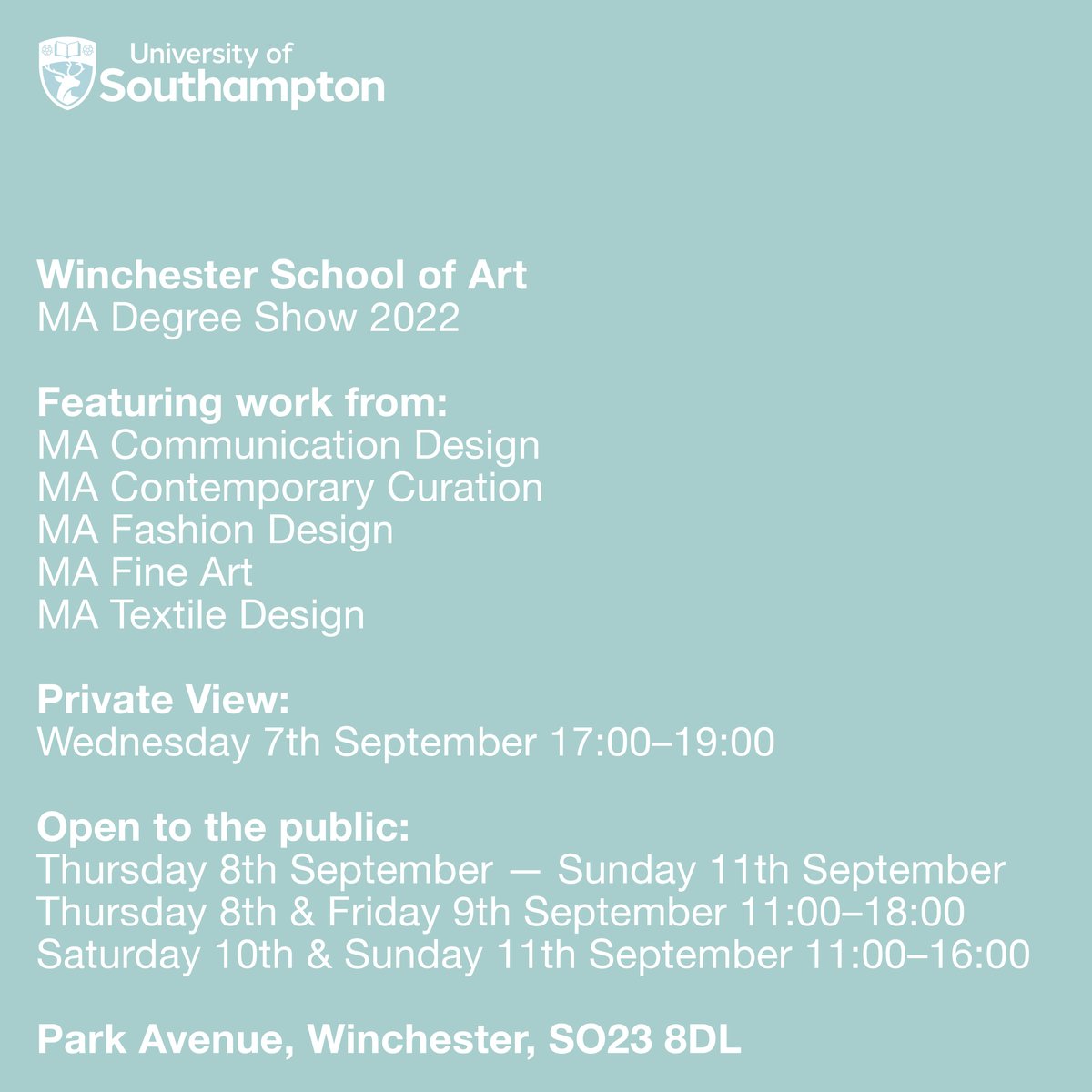 unisoton_wsa's tweet photo. The countdown has started to the Winchester School of Art MA Degree Show 2022! The private viewing is open on the 7th September and open to the public between 8th- 11th September 👏

#wsadegreeshow #uosdegreeshow #wsamastersdegree https://t.co/ggyyIu6fTW