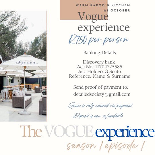 𝐓𝐡𝐞 𝐕𝐨𝐠𝐮𝐞 𝐄𝐱𝐩𝐞𝐫𝐢𝐞𝐧𝐜𝐞 : Here's the full offering, menu and the pricing for this wholesome experience. 

You can secure your space via dm/email or calling the relevant numbers on the poster.

Let's dress up, eat good and vibe out. 

Limited 𝐬𝐞𝐚𝐭𝐬 available.