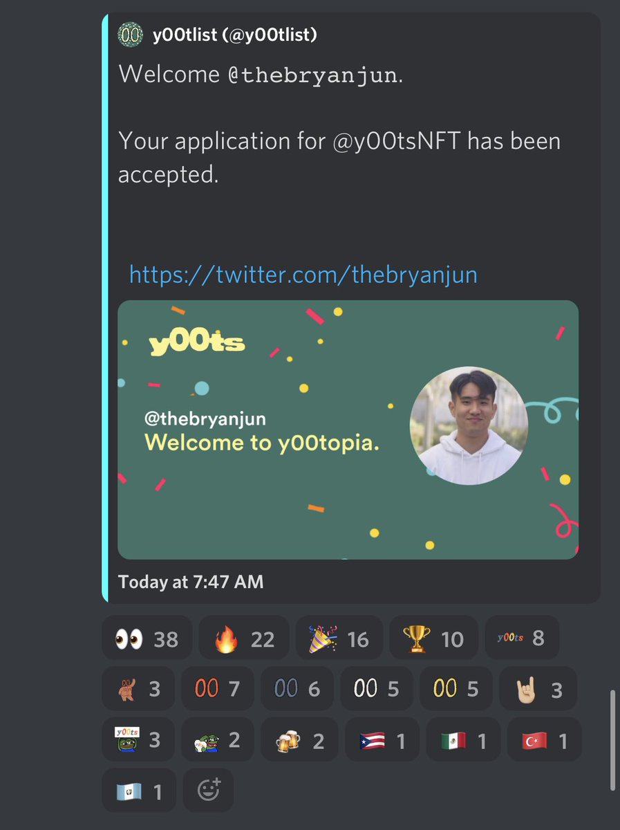 thebryanjun's tweet photo. gm @y00tsNFT / @y00tlist - excited to join the community of builders, degens, influencers, and frens. Shoutout to @frankdegods and team for what may be the most brilliant marketing campaign Web3 has seen. https://t.co/5kSh1tI04X