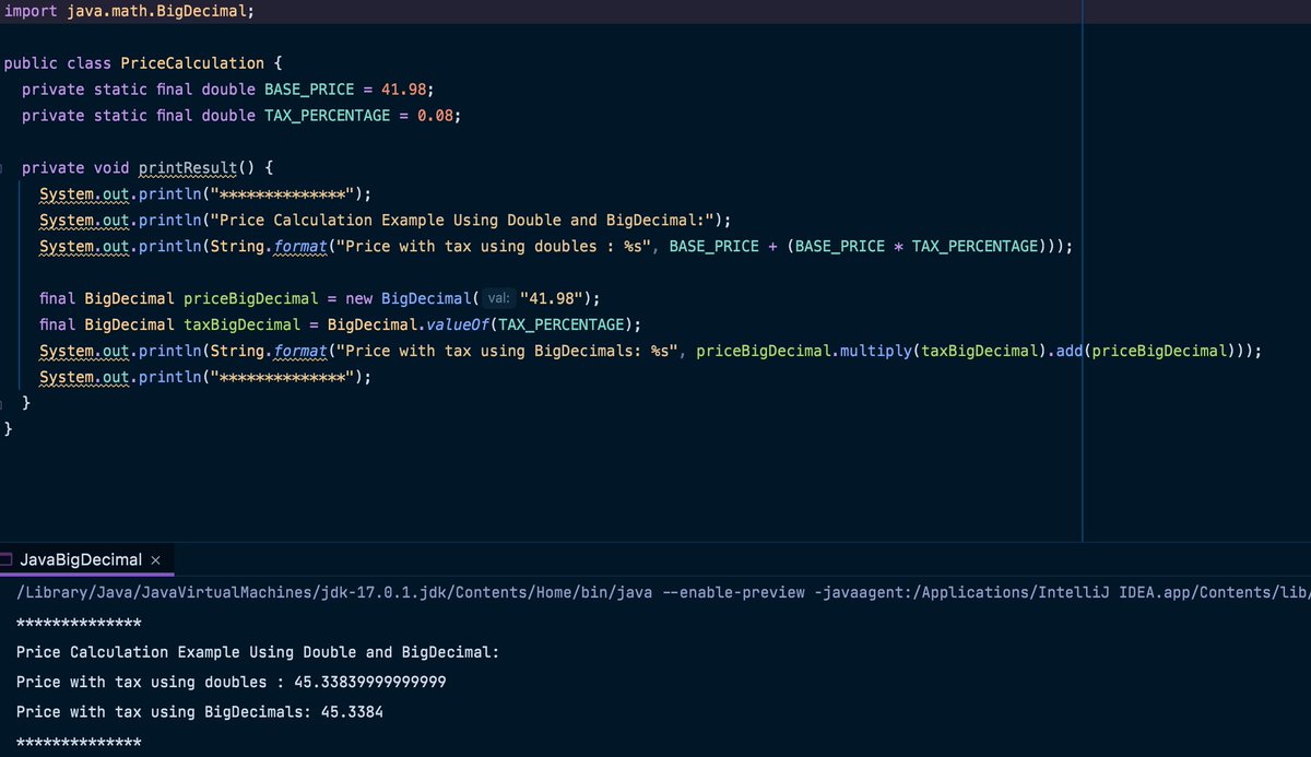 evrn_tan's tweet photo. BigDecimal Class in #Java;

BigDecimal class provides operation for arithmetic, comparison, hashing, rounding, manipulation &amp; format conversion. It is useful to use it in domains dealing with precise operations like fintech, e-commerce.

https://t.co/5gefEACIve

#WeeklyJavaTips https://t.co/IhxECpuLOt