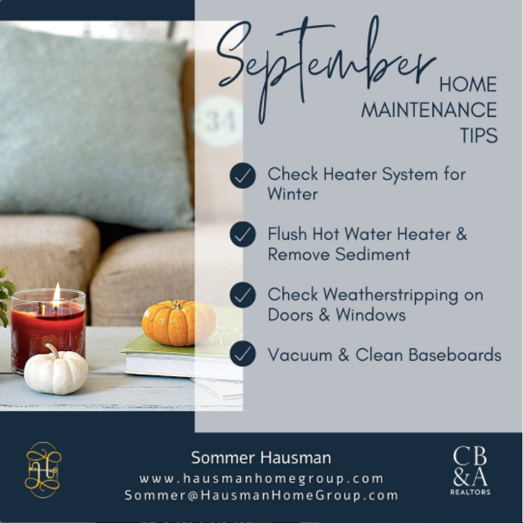 sommerhausman's tweet photo. Welcome to September! Add these handy tips to your to-do list for the month and follow us for more monthly maintenance tips!
#hausmanhomegroup #cba #haus2home #cbarealtor #realestatemarketing #realestateagent #september #maintenance #monthly #monthlytips #homemaintenace https://t.co/v2XunMiwkJ