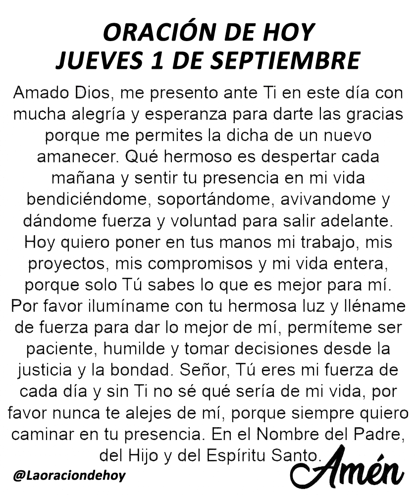 laoraciondehoy's tweet photo. Oración diaria para hoy jueves 1 de septiembre. https://t.co/vu5UdA76uM