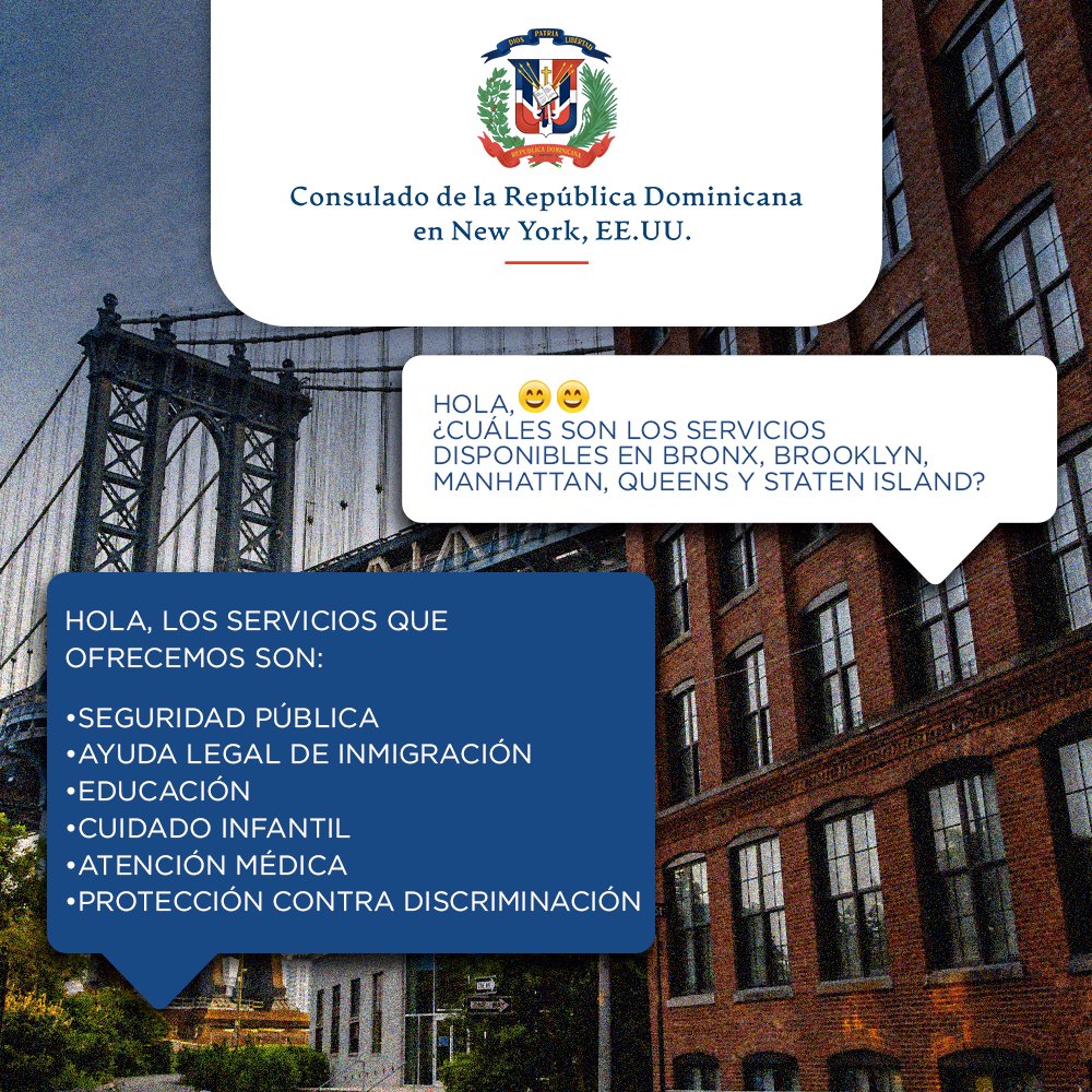 RDen_NY's tweet photo. Nuestro objetivo, como máxima representación del gobierno dominicano en la ciudad de New York, es ser tu soporte y mano amiga. Para cualquier duda o pregunta sobre los servicios que ofrecemos, accede a nuestra bio.
#RepublicaDominicana #ConsuladoDominicano #consuldomny https://t.co/sBGhOBHWE9
