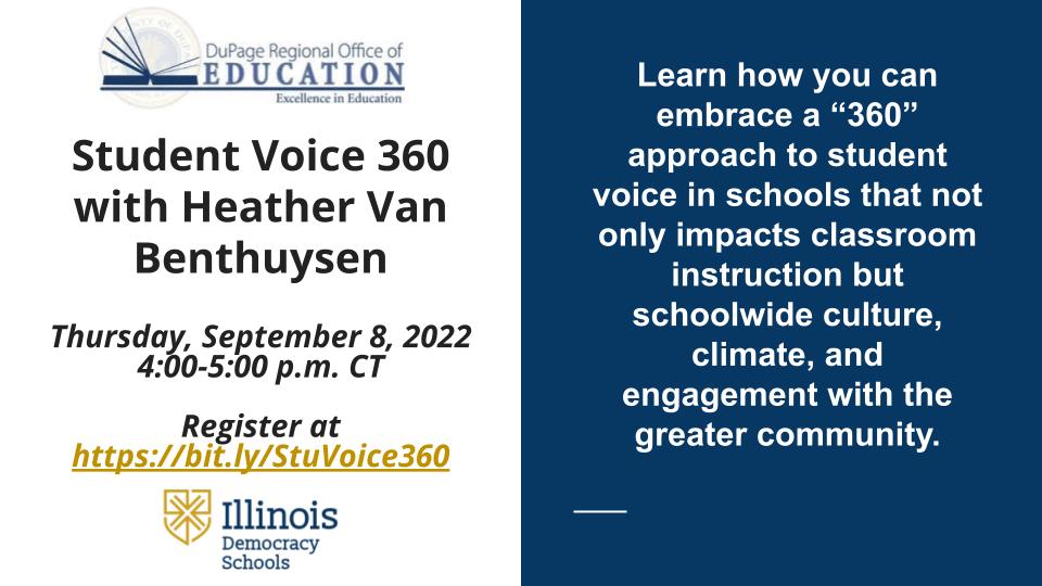 Join the #DemocracySchools 9/8 for a FREE and webinar with <a href="/VanCerny/">Heather VanBenthuysn</a> about how #studentvoice can impact school climate &amp; academic success #sschat #icivicsednet <a href="/DuPageROE/">DuPage County ROE</a> <a href="/iarssil/">IARSS</a> <a href="/EADRoadmap/">Educating For American Democracy</a> <a href="/Ed4Democracy/">#Ed4Democracy</a> <a href="/NCSSNetwork/">National Council for the Social Studies (NCSS)</a> <a href="/CPSCivicLife/">CPS Dept of Student Voice & Engagement</a> <a href="/CivicYouth/">CIRCLE</a> Register at bit.ly/StuVoice360