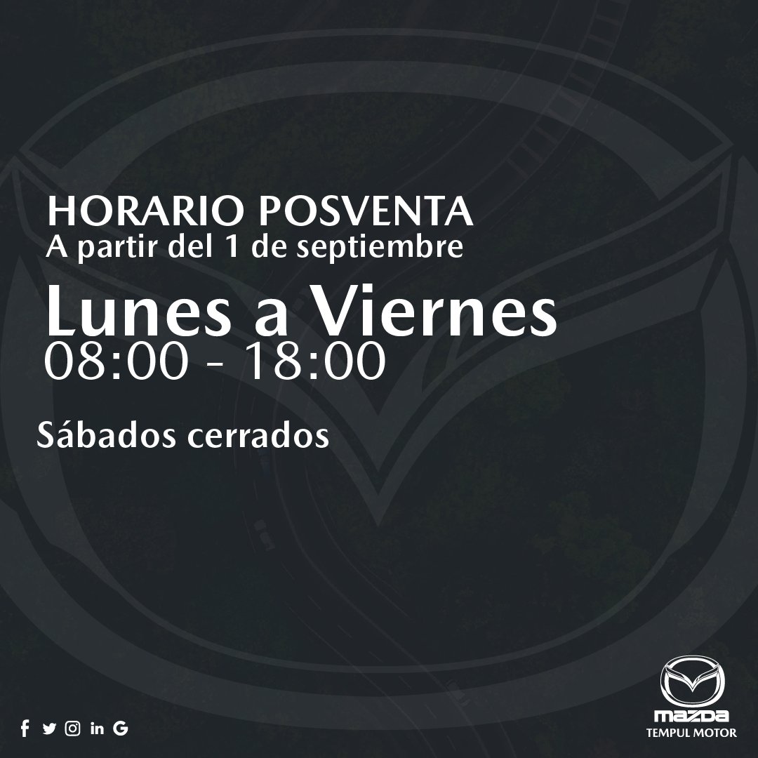 Tempul_Mazda's tweet photo. ¡Atención: Cambio de horario! 📣
Cambiamos el horario de apertura y cierre de nuestros servicios posventa a partir de hoy. ⬇️
¡Te esperamos en Tempul Motor! 😁
#Mazda #TempulMotor #Cádiz #Jerez https://t.co/pT0bfX0Q8J
