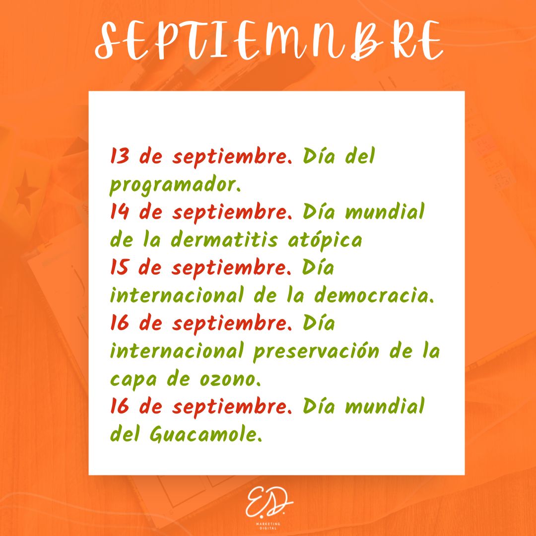 💥Septiembre💥

Mes de comienzo escolar, nuevos proyectos y oportunidades. Con él te traigo los días especiales que puedes usar en tus redes sociales 😉

Cuéntame, ¿Qué días vas a usar de este mes?

Si lo prefieres puedes descargar el calendario completo del año en mi web.