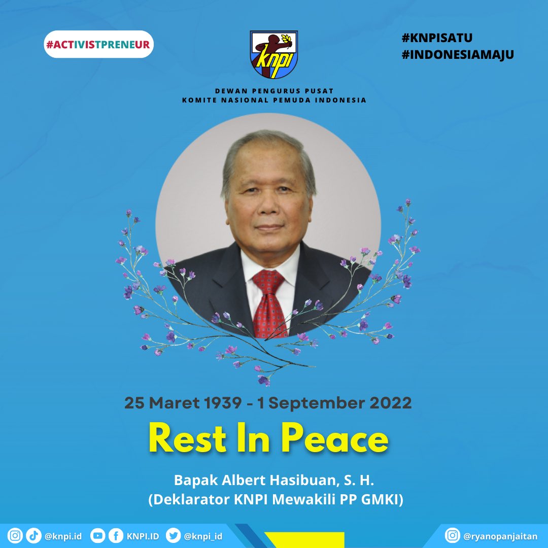 KNPI_ID's tweet photo. Dewan Pengurus Pusat Komite Nasional Pemuda Indonesia mengucapkan, turut berdukacita atas berpulangnya Bapak Albert Hasibuan, S.H.
Semoga keluarga yang ditinggalkan mendapatkan kekuatan serta penghiburan. ๐
#knpisatu #indonesiamaju #activistpreneur #dppknpi #kabarduka https://t.co/97ibXsfSVV