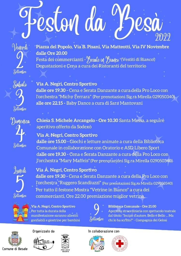 ConfCommercioAb's tweet photo. Settembre è il mese delle feste patronali. Si comincia il primo weekend con il tradizionale FESTON DI BESATE: cene, degustazioni, mostre, momenti musicali, serate in bianco e tanti eventi che vedono in prima linea la componente commerciale.
#FestonDaBesa #Besate #FestePatronali https://t.co/33HfVlOAhm