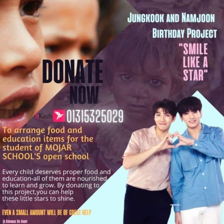 BD ARMYS!! For Namkook's birthday, we Borahae BD Army🇧🇩 are back with our project 'SMILE LIKE A STAR' which will provide food and education items for open school of MOJAR SCHOOL. Please donate if you can or help to spread this project. Even a small amount will be appreciated💜