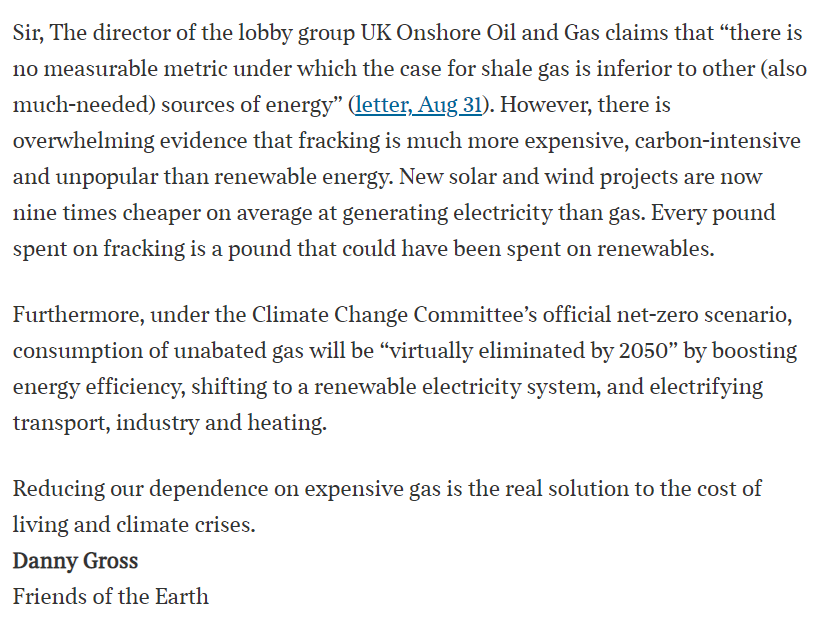 danny_w_gross's tweet photo. The oil &amp; gas lobby group @ukoog claimed yesterday that fracking for gas isn't inferior to any other source of energy. So I've just written a letter in @TheTimes to remind them that renewables are a thing.
@friends_earth https://t.co/kUUVZUmd2F