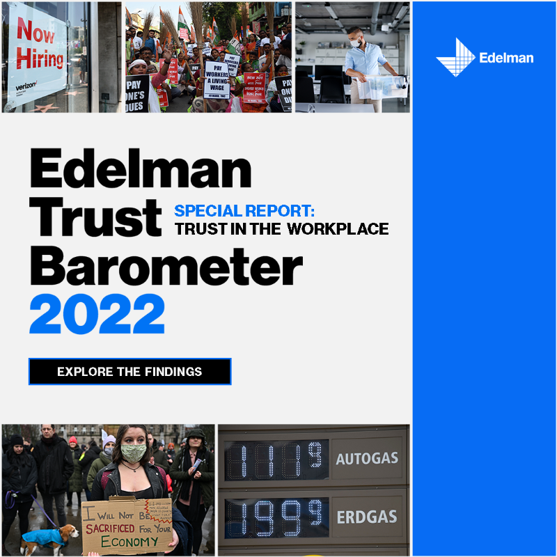 EdelmanPR's tweet photo. Our #TrustBarometer Special Report: Trust in the Workplace finds that employers have emerged as an anchor of trust &amp; stability amidst an uncertain world where political polarization &amp; misinformation are increasing the decline of trust in media, NGOs &amp; gov. Explore the report.