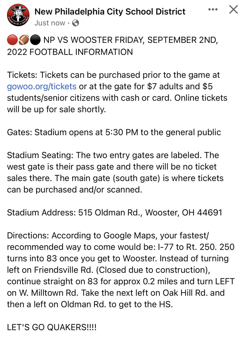 NPCitySchools's tweet photo. Let's go Quakers!!! Football info for the 9/2/2022 game at Wooster
#ExperienceNP #NPCommUNITY #Quakerpride #teamworkNP https://t.co/InhMm2xlFQ