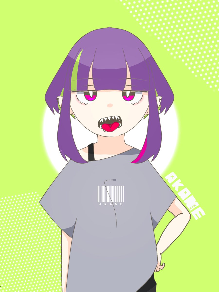 1girl sharp teeth solo purple hair tongue teeth shirt  illustration images