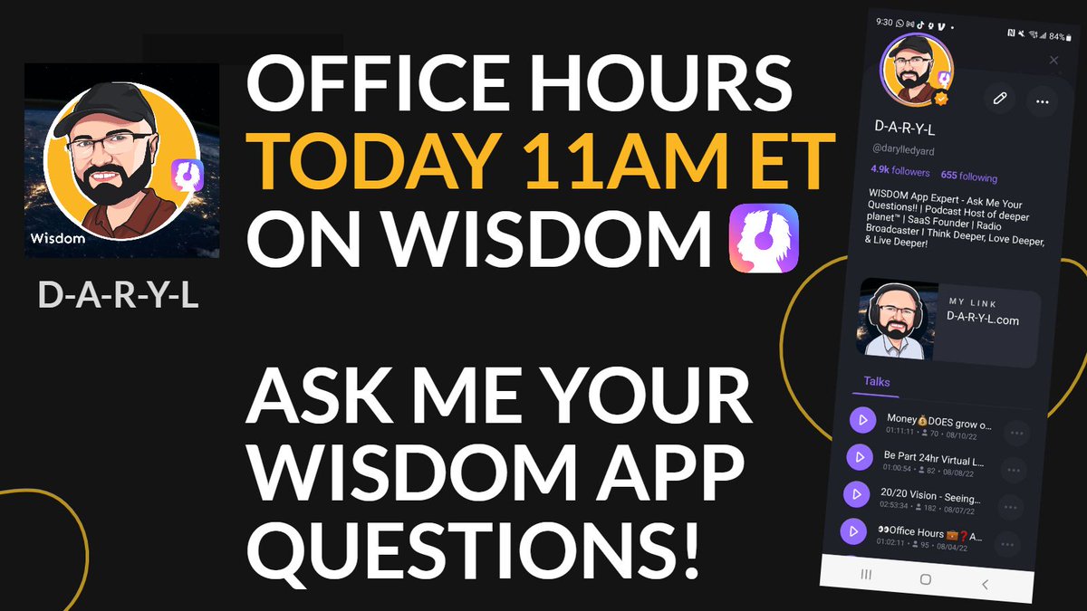 darylledyard's tweet photo. Join me on WISDOM https://t.co/sdvSkrE6G8 and ask your questions live. @joinWISDOM https://t.co/3OCdPdcEpo