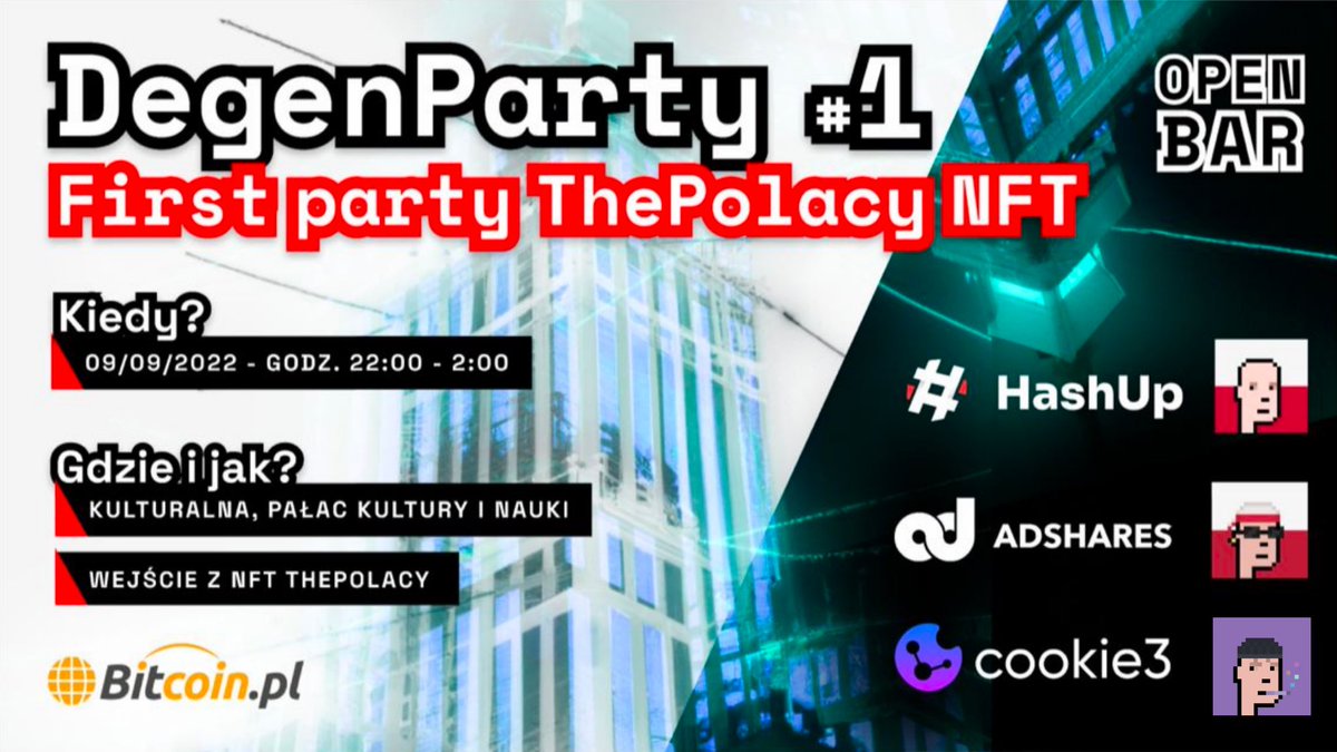 fwielanier's tweet photo. DegenParty #1
09/09, Wwa, PKiN
165 degenów, open bar

Tylko holderzy ThePolacy.

Follow, Like, RT -> jutro 20:00 losuje jedną osobę i wysyłam ThePolaka https://t.co/hP4qbUpmH4