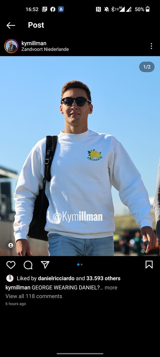 MichielvdMeijde's tweet photo. @GeorgeRussell63 is the type of guy to wear another driver's merch 👌 @danielricciardo @wtf1official @F1 picture: @KymIllman #Formula1 #georgerussel #danielricciardo #wtf1 https://t.co/6zbyAhRI6v